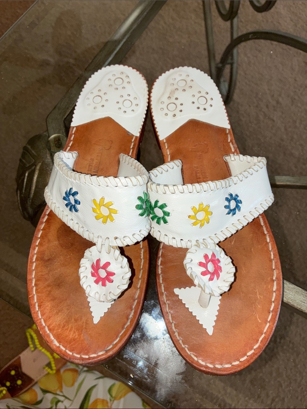 White Multi-Flower Leather Thong Sandals Stephen Cinnabon palm beach 🏖️